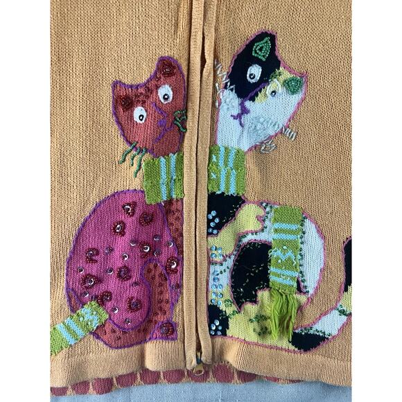 Susan Bristol Cats Sweater Vest Womens Large Orange Pink Beaded Calico Sequins - Picture 3 of 13